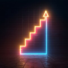 Poster - Neon staircase graphic representing growth and success illuminated against a dark background.