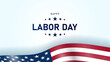 © King Designz - Happy Labor Day banner. Promotion banner for USA Labor Day with USA flags and cloudy sky at sunrise. Happy Labor Day: American flag waving proudly, celebrating hard work and dedication.