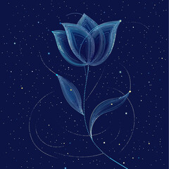 Poster - Abstract blue tulip flower with delicate lines and dots on starry night background cosmic space vector illustration minimalistic design with glowing points and curves