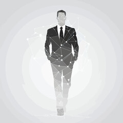Poster - Polygonal businessman silhouette walking forward with connected network lines and dots in abstract geometric style on light background