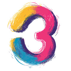 Poster - Colorful hand drawn number three with vibrant scribble brush strokes in yellow blue and pink for creative design and illustration concepts