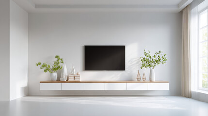 Aufkleber - Modern minimalist living room with floating white TV cabinet, wall mounted television, decorative vases, green plants, books, and large window with natural light, creating calm atmosphere