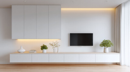 Aufkleber - Modern minimalist TV cabinet white wall floating shelf flat screen wooden floor decorative plant natural light clean elegant peaceful living room interior design