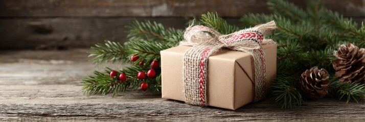 Aufkleber - Christmas Gift Box Adorned With Pine Branches on Wooden Table Ready for Holiday Celebration