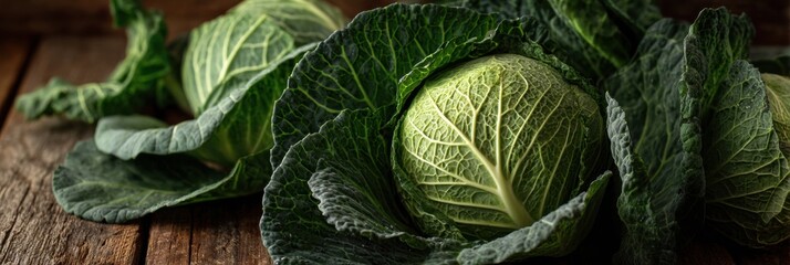 Poster - Fresh Cabbage Head With Vibrant Outer Leaves Resting on a Rustic Wooden Table
