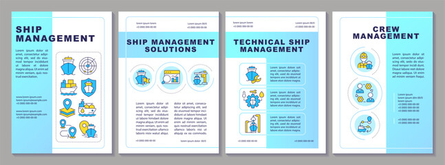 Poster - Ship management blue brochure layout. Marine cargo delivery service. Logistics regulation. Leaflet advertising design with color line icons. Editable 4 pages. Arial, Myriad Pro-Regular fonts used