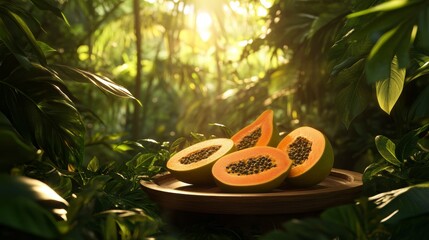 Aufkleber - Sliced papayas on a wooden plate in a lush tropical rainforest setting at sunrise.
