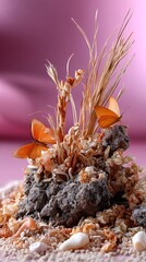 Poster - Whimsical nature collage with oversized butterflies, floating islands, fairytale forests, soft pastel hues, high-detail textures, storytelling composition