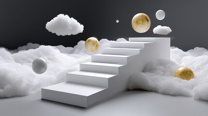 Poster - Dramatic sky filled with floating staircases, celestial bodies, ethereal glow, dreamlike ascension, high contrast surrealism, painterly textures