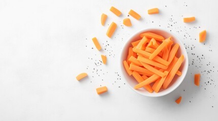 Poster - Bowl of chopped carrots with pepper on white background.