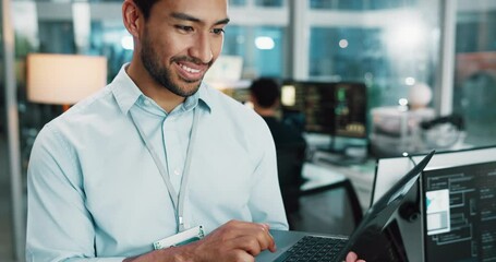 Aufkleber - Laptop, happy man and programmer typing in office for software development, network or database update. Online, coding and backend developer with computer for design, creative website or test project