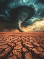 Wall Mural - Dramatic Tornado Swirling Above Cracked Earth Landscape in Ominous Weather Event Disaster in Barren Land
