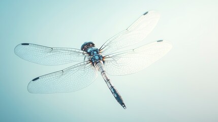Poster - Close-up of a dragonfly in flight against a pale blue background.