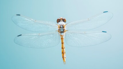 Poster - Close-up of a dragonfly with translucent wings against a light blue background.