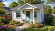 © Cherrin - Granny flat concept. Charming cottage surrounded by vibrant flowers and greenery in a sunny setting.