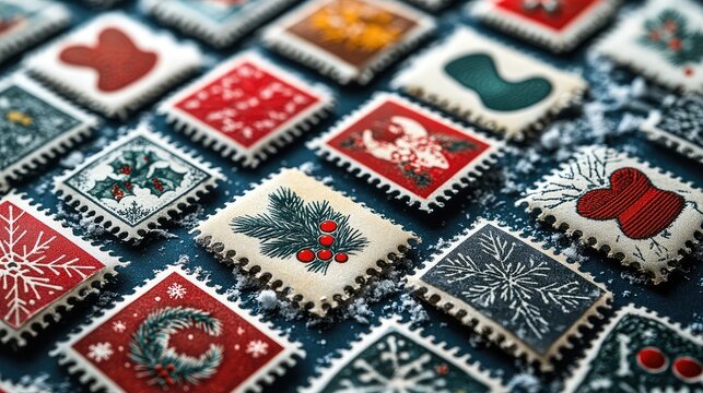 Rows of winter holiday-themed stamps with cozy designs like mittens, wool socks, and decorative winter wreaths