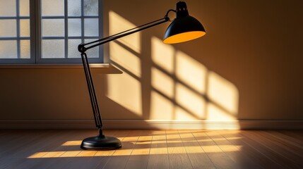 Poster - Black gooseneck desk lamp illuminates a room with sunlight streaming through a window.
