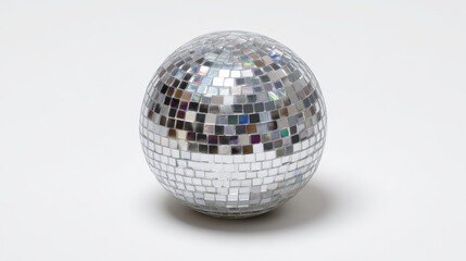 Poster - Shiny silver disco ball features mirrored facets, set against a pure white background, ideal for holiday decorations and creative cutout projects