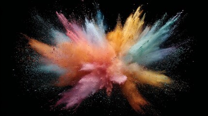 Poster - A cloud of colored powder bursts into the air, creating a vibrant display of fine particles suspended in motion against a pitch-black backdrop