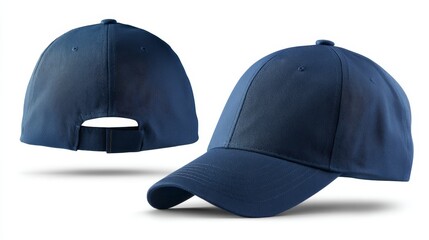 Poster - Close-up view of a navy baseball cap mockup featuring front and side angles, ideal for showcasing product design in a commercial context