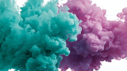 Poster - Turquoise and magenta ink clouds swirl dynamically in clear water, merging to create an abstract, colorful visual ideal for artistic backgrounds