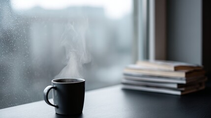 Poster - A steaming ceramic coffee mug rests beside a rain-streaked window, while soft gray light filters through, enhancing the cozy mood with a stack of books nearby