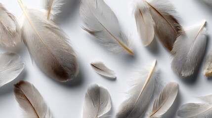 Aufkleber - Soft dove feathers lie scattered on a clean white surface, displaying subtle textures and a serene atmosphere perfect for minimalist design concepts