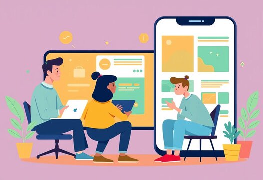 Trendy flat vector illustration of characters creating digital content for websites, apps, and marketing materials, content creator, technology