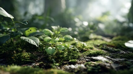 Poster - Forest floor showcases vibrant moss and delicate plants, warmly lit by sunlight streaming through leaves above, highlighting intricate textures and rich contrasts