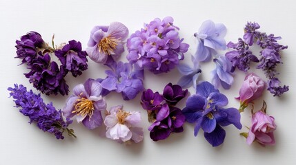 Poster - A collection of various purple flowers, featuring lavender and violets, artfully arranged against a neutral background for creative design applications