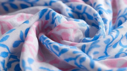 Leinwandbilder - Close-up of a hand-painted floral textile, revealing delicate patterns in soft blues and pinks that highlight artisanal beauty and traditional craftsmanship