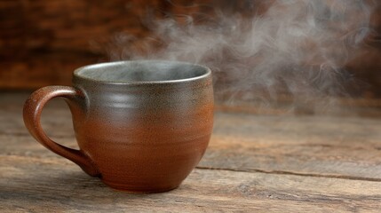 Aufkleber - A close-up shot of a rustic clay mug releasing swirling steam, resting on a weathered wooden table, capturing a warm, inviting atmosphere for chilly mornings