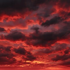 Wall Mural - Fiery red clouds at sunset creating dramatic skyscape from below with low angle view in nature during golden hour