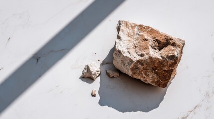 Poster - A single rugged rock with natural texture rests on a smooth white marble surface, with subtle shadows enhancing the contrast between the two materials