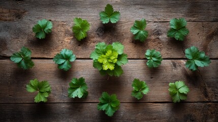 Poster - Vibrant green cilantro sprigs elegantly arranged in a circular, natural formation on rustic wood, perfect for culinary presentations or organic design elements