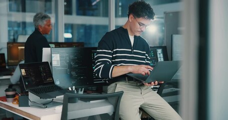 Aufkleber - Business people, coding and man with laptop, problem solving and html with software update. Person, programming and employee in workplace, computer screen and tech expert with web design and internet