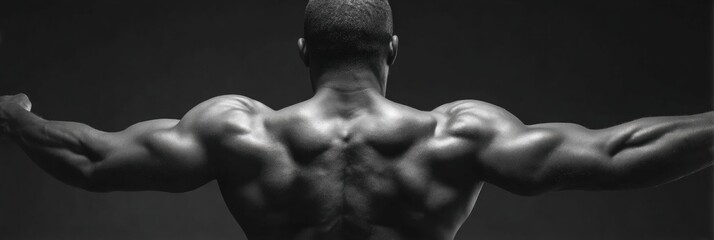 Poster - Flexed Back Muscles Showcased in Black and White, Highlighting Strength and Definition During a Workout Session