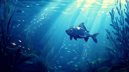Poster - Underwater scene with a single blue fish swimming amidst sunlight, seaweed, and other small fish.