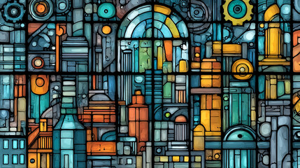 Poster - Stained glass city abstract art deco design colorful architecture building digital artwork illustration