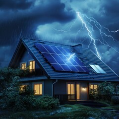 Wall Mural - House with solar panels struck by lightning during a thunderstorm at night low angle view in a residential area