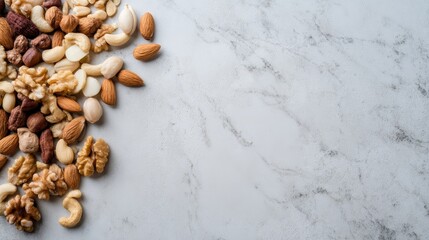 Aufkleber - Scattered mix of almonds, walnuts, and cashews on a smooth, neutral surface provides ideal setting for advertising text and promotional designs