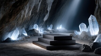 Poster - A dark cave with a stone pedestal in the middle