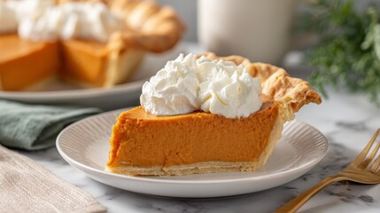 Poster - A close-up of a triangular slice of pumpkin pie topped with soft whipped cream sits elegantly on a white plate, illuminated by bright natural light on a marble surface
