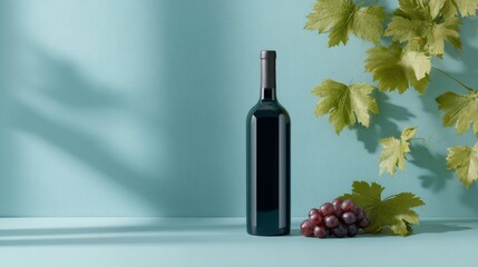Aufkleber - Dark wine bottle stands alongside fresh grapes and vibrant vine leaves, all set against a soothing aqua background that enhances the minimal aesthetic