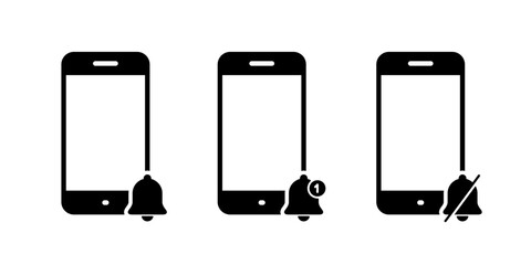 Poster - Mobile phone with notification bell icon set. Cellphone alarm sign symbol