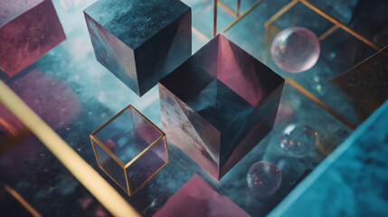 Poster - Abstract geometric art design with cubes and spheres for modern background wallpaper and presentation