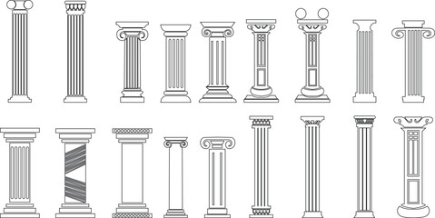 Aufkleber - icon set of classical building with columns representing ancient architecture, linear style icon. historic designs. Editable stroke width symbols elements infographics for web transparent background
