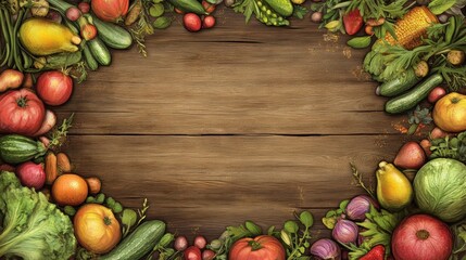 Poster - Fresh colorful vegetables and herbs arranged in a frame on a rustic wooden background, leaving a blank space in the center for text or design.