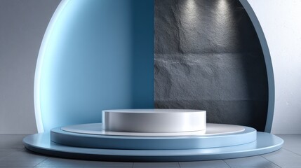 Poster - A blue and white stage with a white pedestal in the middle