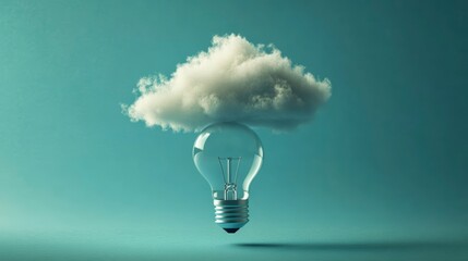 Leinwandbilder - Cloud shaped like a fluffy cotton ball sits atop a glowing lightbulb against a teal background.